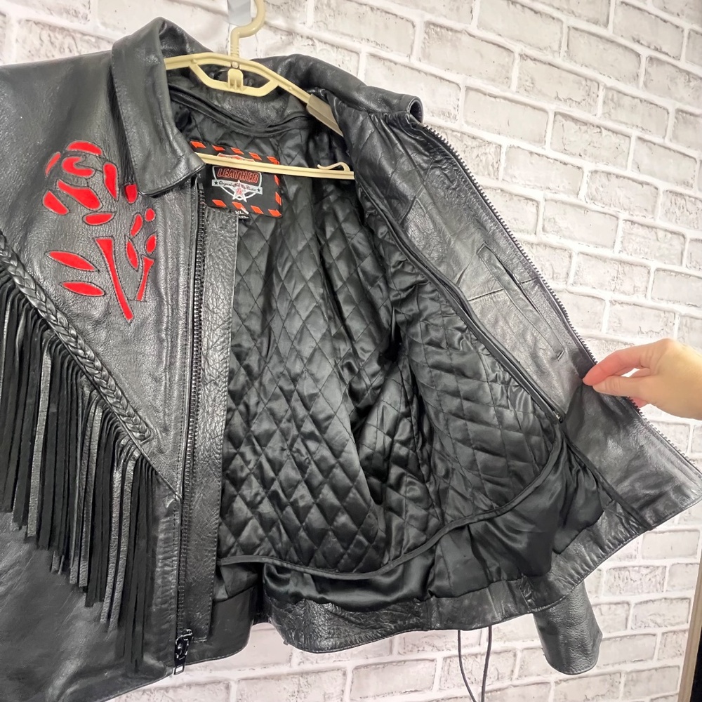 🚫SOLD! 🏍️🌹|•INTERSTATE LEATHER•| Rose Inlay Fringe Heavy Black Leather Jacket Si - Picture 10 of 15